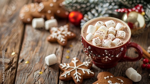 Cozy winter scene with a festive red mug of hot cocoa topped with marshmallows, surrounded by gingerbread cookies and Christmas decorations on rustic wood.