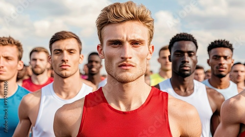 A group of athletes stands confidently, showcasing diversity and determination, with a focus on a prominent figure in a red tank top against a bright sky.