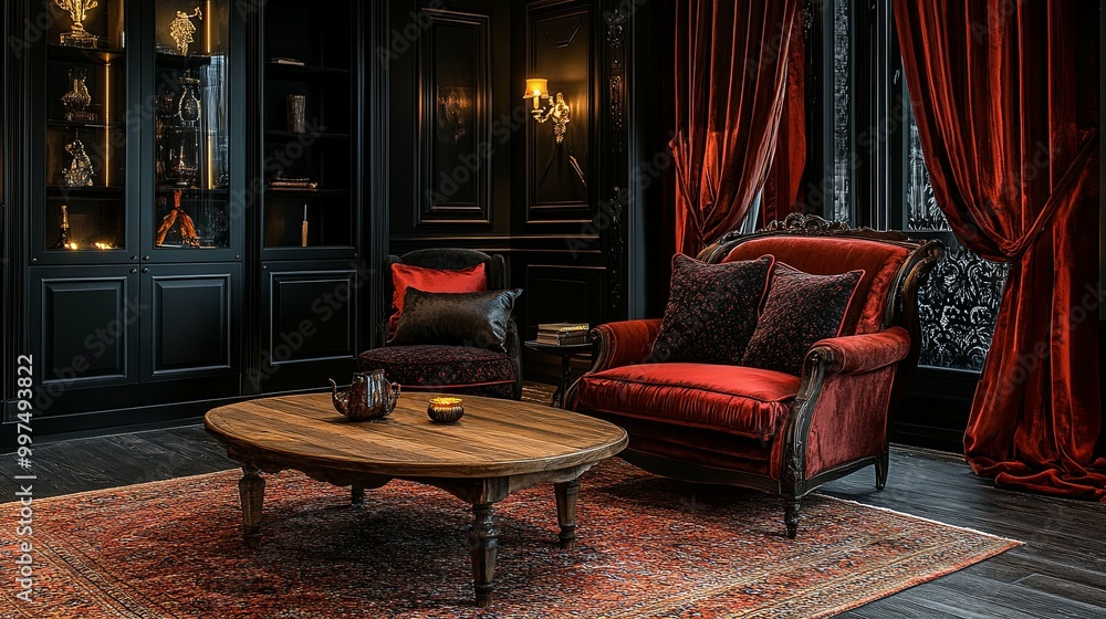 Luxurious Living Room with Red Velvet Sofa and Coffee Table Luxurious Living Room with Red Velvet Sofa and Coffee Table