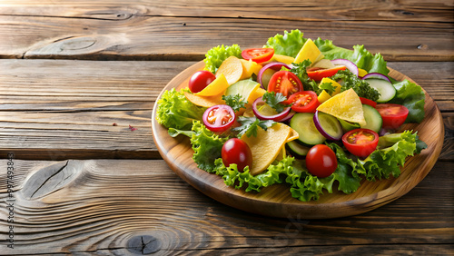 Wallpaper Mural Vegetable salad with chips in a wooden plate on a wooden table, vegetarian, healthy, food, snack, fresh, colorful Torontodigital.ca