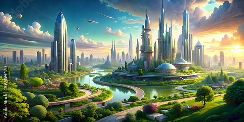 Imaginary futuristic city nestled within a lush and vibrant landscape, generative AI, breathtaking, landscape, future