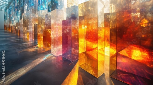 modern architectural structure featuring intricate glass material reflecting light in various colors creating a stunning visual effect that emphasizes transparency and contemporary design
