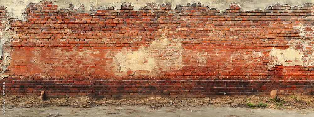 Weathered Red Brick Wall with Patchy Mortar and Ground in Foreground Weathered Red Brick Wall with Patchy Mortar and Ground in Foreground