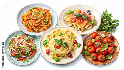 Watercolor of a variety of pasta dishes, isolated on white background, pasta, food, Italian, cuisine, watercolor