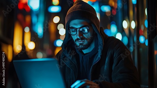 Man in a hooded jacket using a laptop in the night with city lights blurred in the background