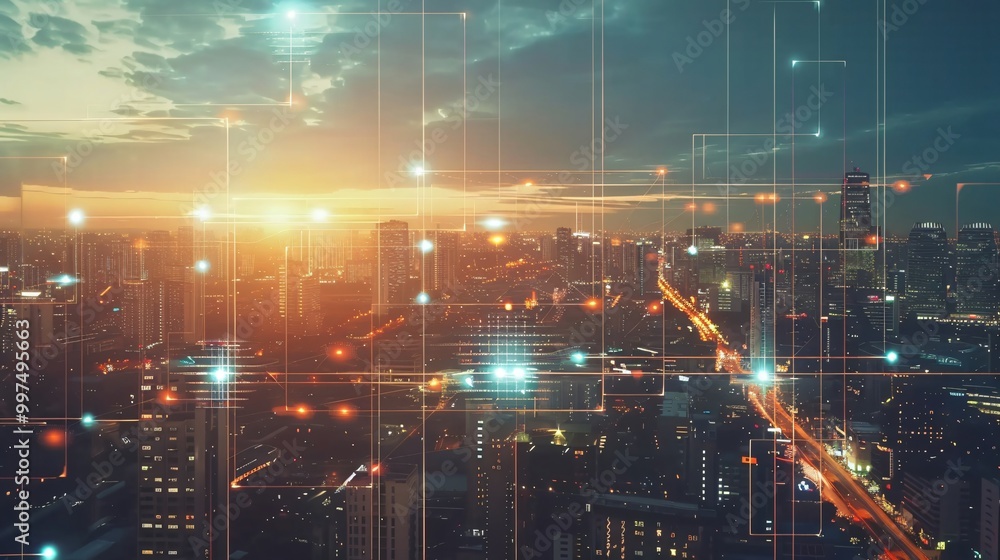 Naklejka premium Futuristic City Skyline with Digital Overlay at Sunset