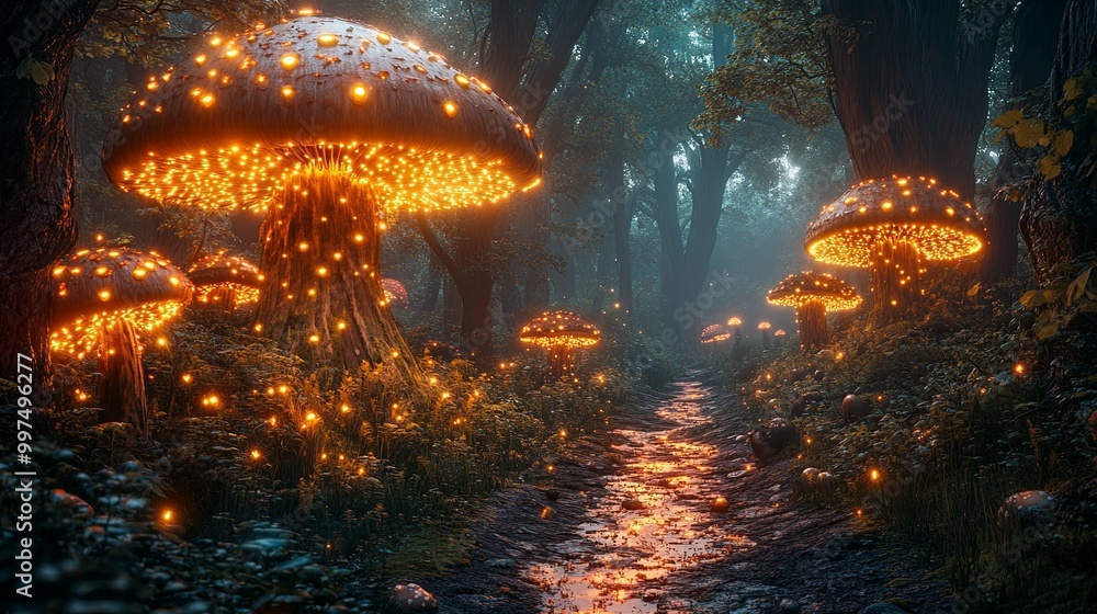 Luminous Mushroom Pathway Through an Enchanted Forest Luminous Mushroom Pathway Through an Enchanted Forest