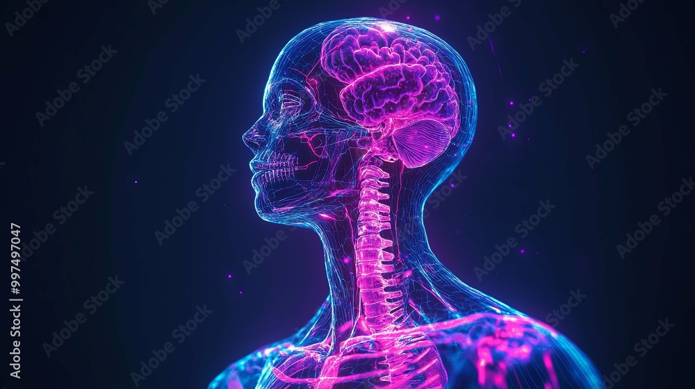 A Digital Human Skeleton with Glowing Brain and Spine A Digital Human Skeleton with Glowing Brain and Spine