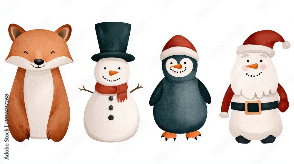 Watercolor Christmas Characters Fox Penguin Snowman Santa Claus Clipart Watercolor Christmas Characters Fox Penguin Snowman Santa Claus Clipart