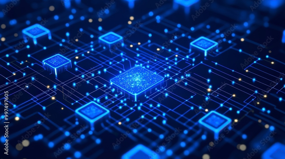 Glowing blue circuit board depicting digital technology and connectivity concept Glowing blue circuit board depicting digital technology and connectivity concept
