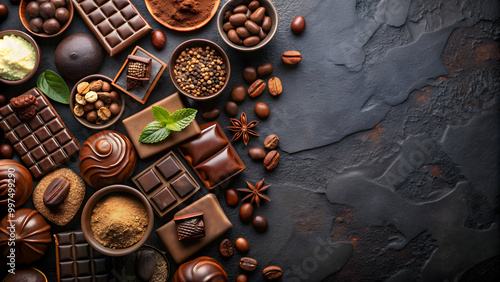 Assortment of fine chocolates and cocoa on dark background for World Chocolate Day celebration, chocolates, cocoa