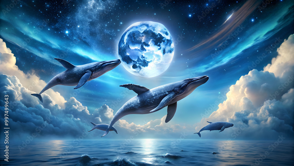 Fototapeta premium Majestic whales soaring in a celestial ocean sky with moonlight glow , whales, celestial, ocean, sky, moon, serene, marine