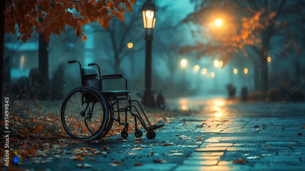 Obraz premium Empty wheelchair on foggy autumn evening in peaceful park setting