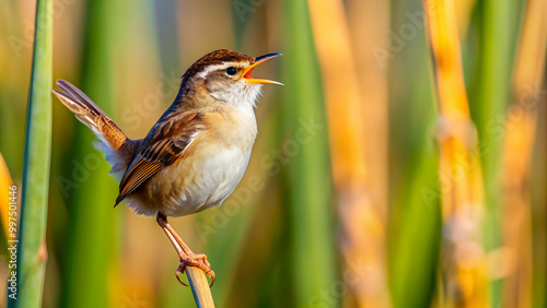 Marsh wren singing on a reed in a beautiful marsh setting, bird, marsh, wren, singing, reed, beautiful, nature, wildlife photo