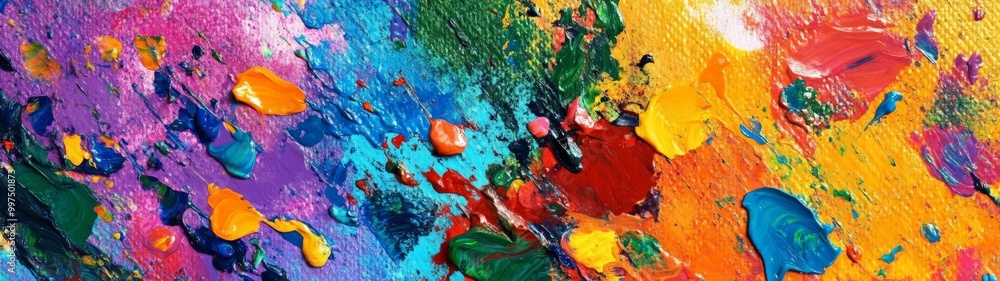 Fototapeta premium Vibrant Chaos, an artistic representation of lively paint splatters on a canvas, capturing the dynamic interplay of color and texture in an abstract composition.