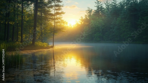 Misty Sunrise over a Tranquil Forest Lake