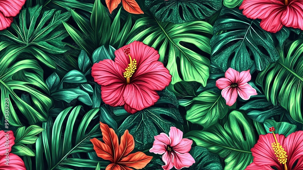Vibrant tropical floral pattern with lush greenery. Vibrant tropical floral pattern with lush greenery.