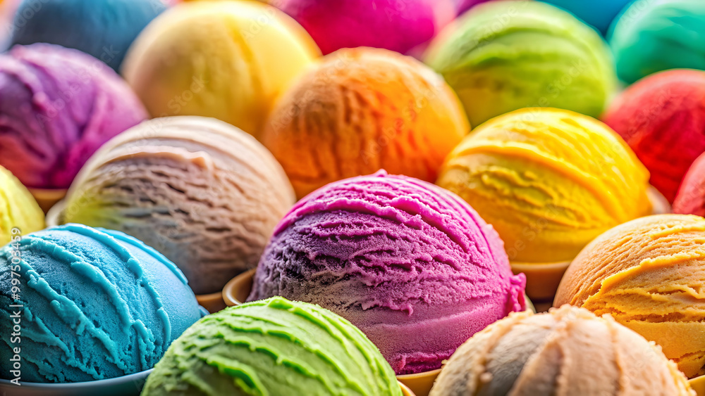 Colorful round ice cream scoops close up on bright background with soft focus, ice cream, colorful, round, scoops, macro Colorful round ice cream scoops close up on bright background with soft focus, ice cream, colorful, round, scoops, macro
