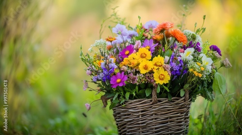 Wallpaper Mural The wicker basket holds a colorful assortment of seasonal flowers, showcasing nature's beauty in a serene outdoor environment. Generative AI Torontodigital.ca