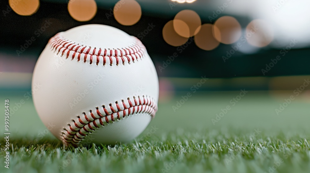 Close up of a Baseball on Green Grass Field at Night with Stadium Lights in Background Close up of a Baseball on Green Grass Field at Night with Stadium Lights in Background