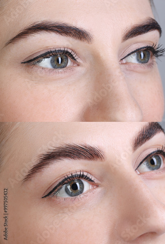 Woman showing eyebrows before and after lamination procedure, closeup. Collage of photos photo