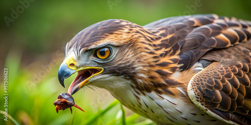 Close up of a hawk capturing prey in the wild, hawk, predator, wildlife, eagle, hunting, nature, bird of prey, feathers photo