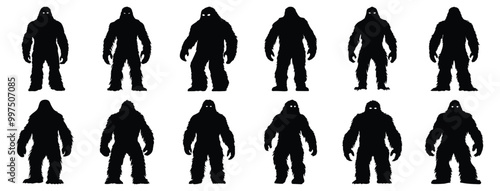 Yeti silhouettes set, bigfoot pack of vector silhouette design, isolated background.
