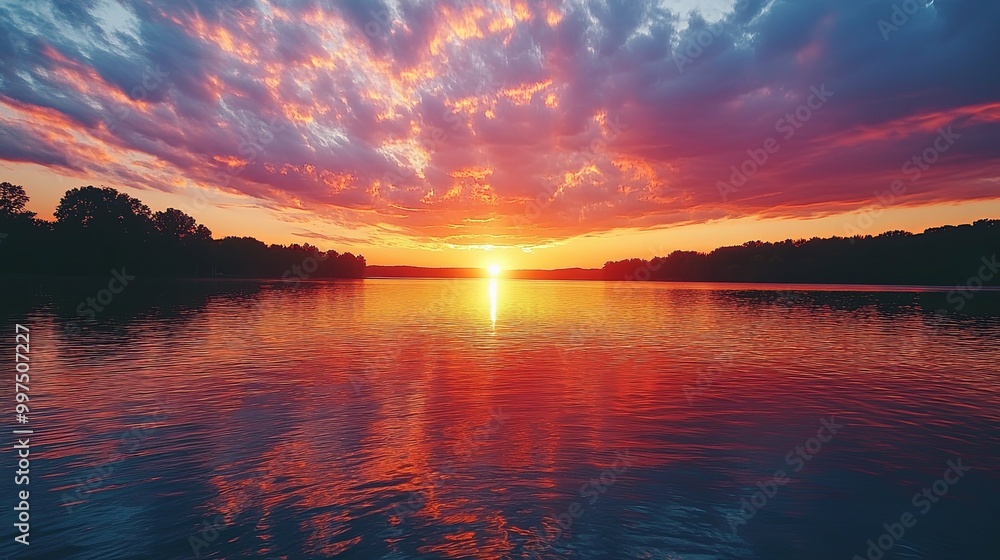 Fototapeta premium Sunset over a Calm Lake with Silhouetted Trees