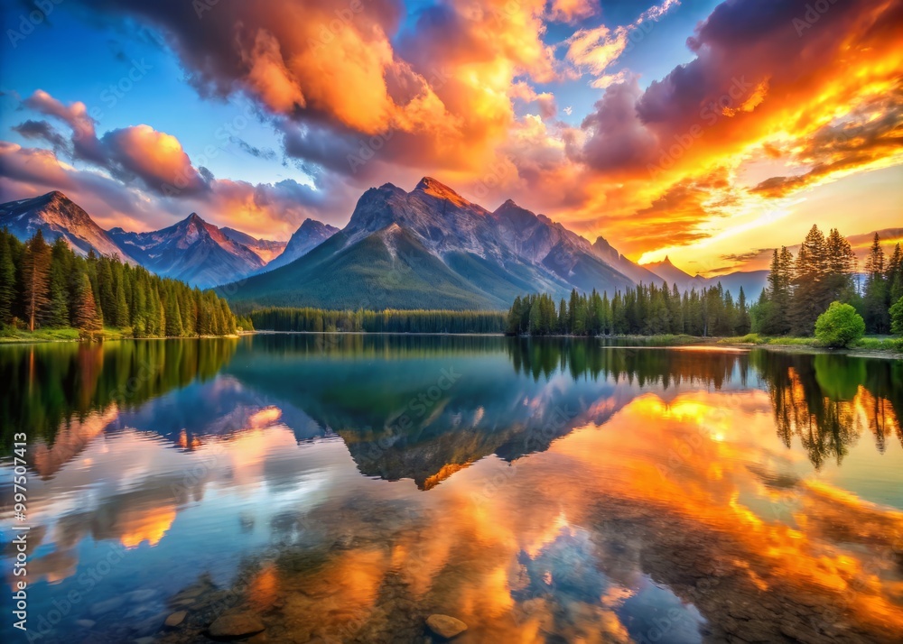 Calm Waters reflecting the majestic grandeur of the surrounding mountains, as the sunrise ignites the sky with a kaleidoscope of colors, casting a warm glow on the lake's serene surface. Calm Waters reflecting the majestic grandeur of the surrounding mountains, as the sunrise ignites the sky with a kaleidoscope of colors, casting a warm glow on the lake's serene surface.
