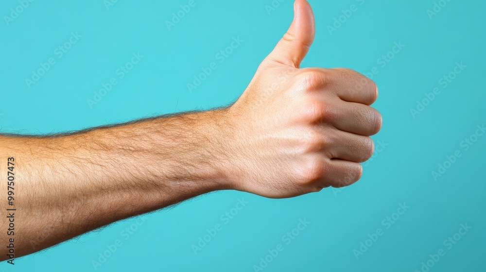 Person giving a thumbs up against a blue background Person giving a thumbs up against a blue background