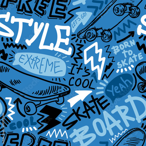 Abstract seamless grunge pattern for boy. Urban style background with skateboards and graffiti words. Sport extreme style wallpaper design for guys.