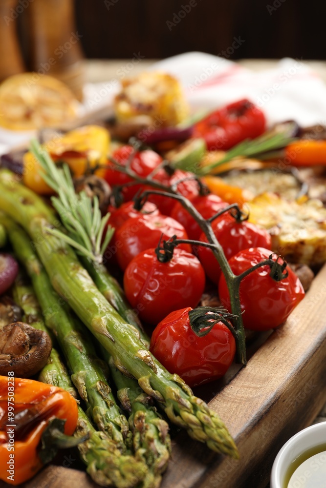 Delicious grilled vegetables with spices on table, closeup Delicious grilled vegetables with spices on table, closeup