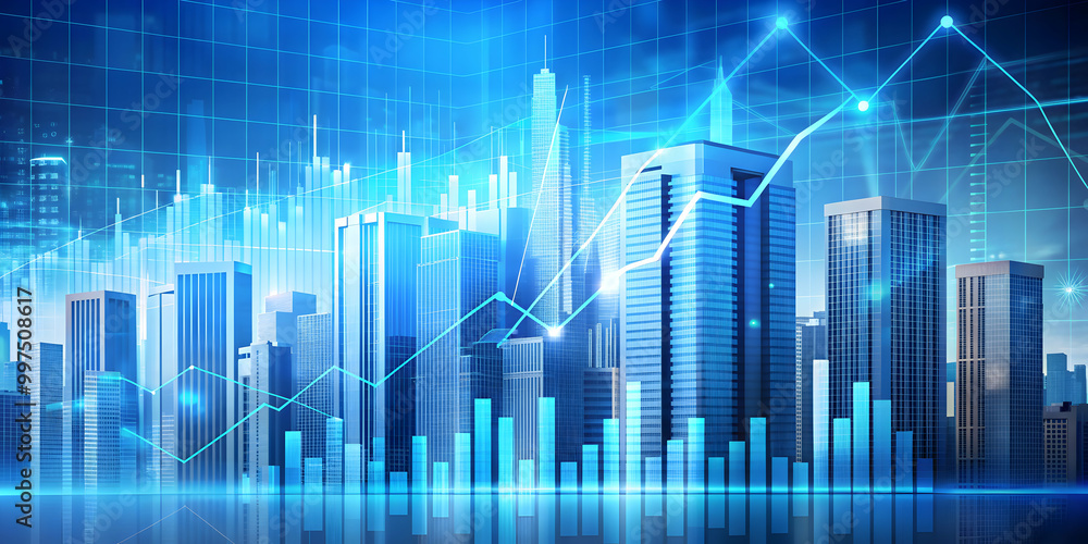 Abstract image of buildings with financial data graphs on a blue background, real estate, market analysis Abstract image of buildings with financial data graphs on a blue background, real estate, market analysis