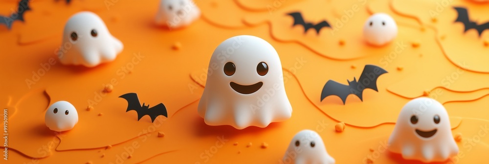 Cute 3D Ghost with Bats. Halloween background. Cute 3D Ghost with Bats. Halloween background.