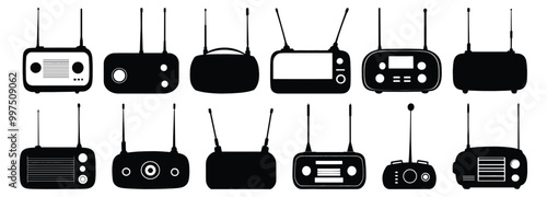 Radio silhouettes set, vintage pack of vector silhouette design, isolated background.