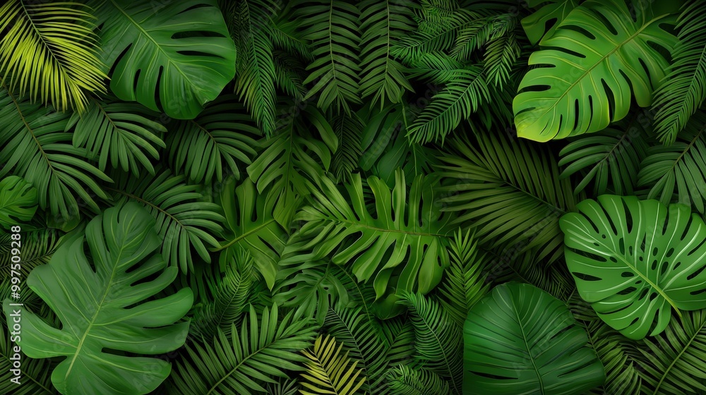 Fototapeta premium Lush Tropical Foliage Background Green Palm Leaves Texture
