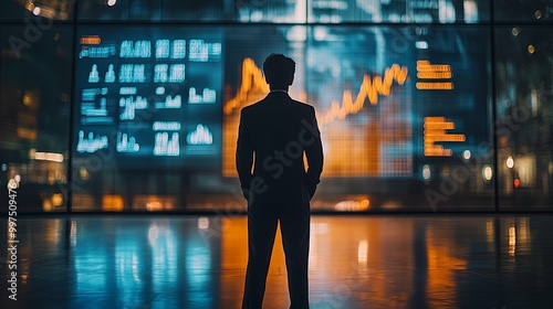 Silhouetted Businessman Observing Financial Data on a Large Screen