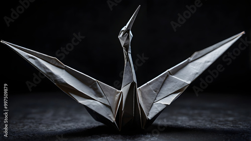 A single origami crane made from paper, sitting perfectly on a glossy black surface under soft, diffused lighting. photo