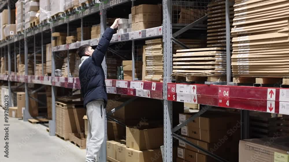 A young man takes a box of goods from a store shelf. A young man takes a box of goods from a store shelf.