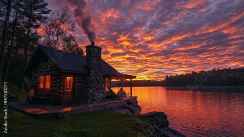 Cabin on the Lake at Sunset with a Smoky Chimney