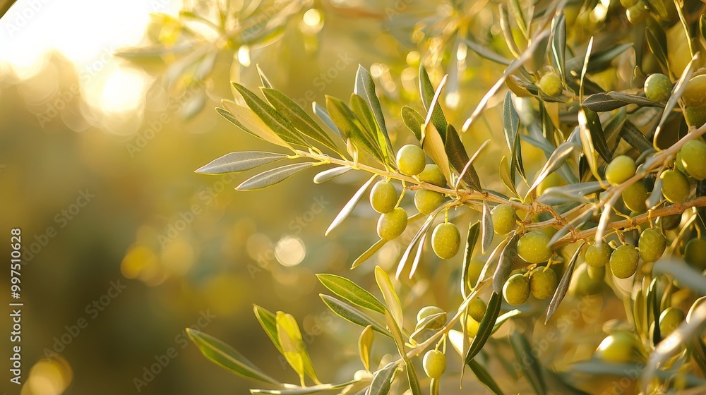 Obraz premium A close-up of olive branches with ripe olives ready for picking, set against a sunny Mediterranean landscape
