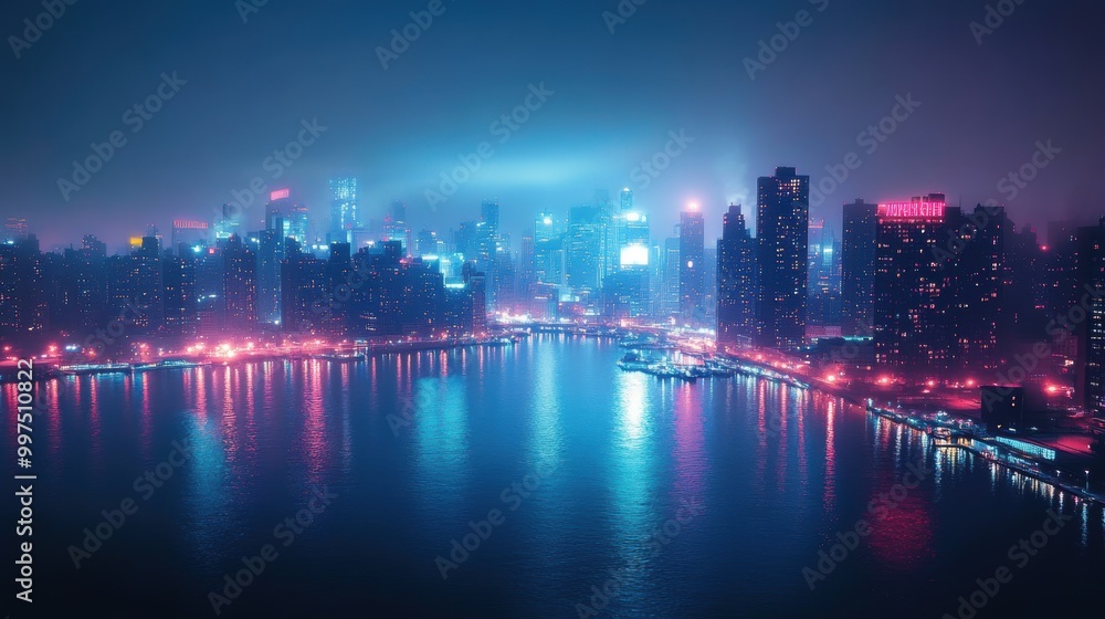 Fototapeta premium City skyline at night with illuminated buildings and reflections on water.