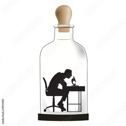 Scientist closed in a large laboratory bottle