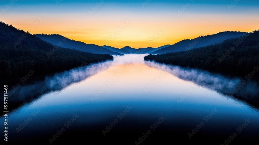 Fototapeta premium Serene Lake Sunrise with Mist and Mountain Reflections
