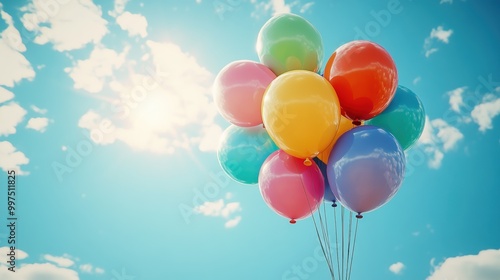 Colorful balloons floating against a bright sky, evoking joy and celebration.