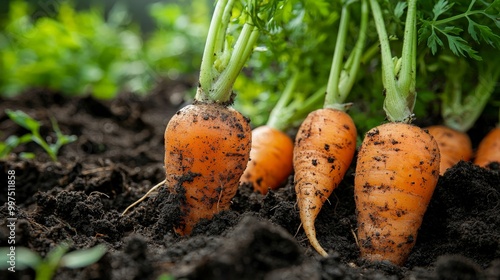 A close-up of organic carrots being pulled from the soil, dirt still clinging to the roots photo