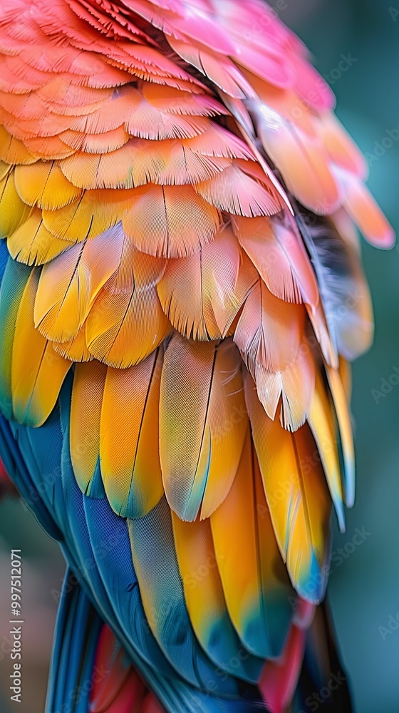 Obraz premium A detailed close-up of a parrot's vibrant tail feathers in shades of orange, yellow, and green, highlighting the intricate texture.