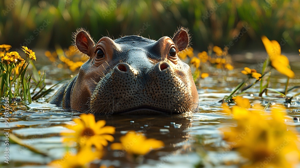 A dwarf hippo swimming peacefully in a calm river, with tall grass and wildflowers along the bank A dwarf hippo swimming peacefully in a calm river, with tall grass and wildflowers along the bank