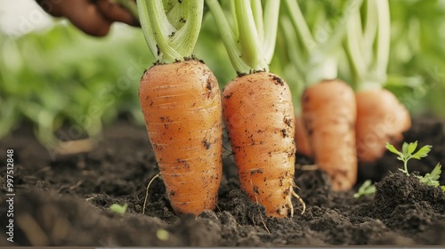 A close-up of organic carrots being pulled from the soil, dirt still clinging to the roots photo