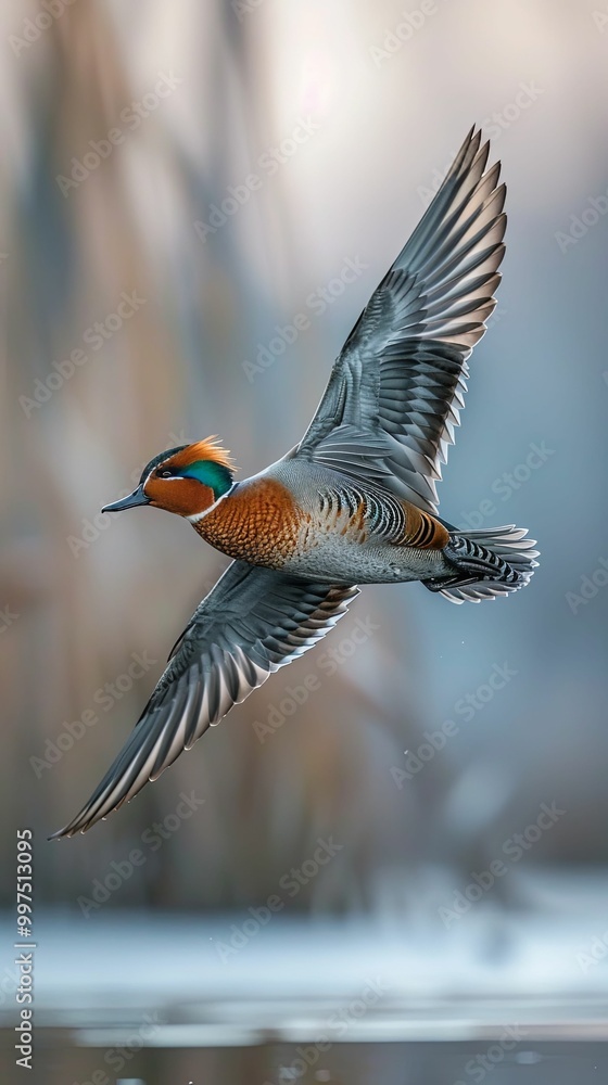 Obraz premium Teal Duck Flying Over Water